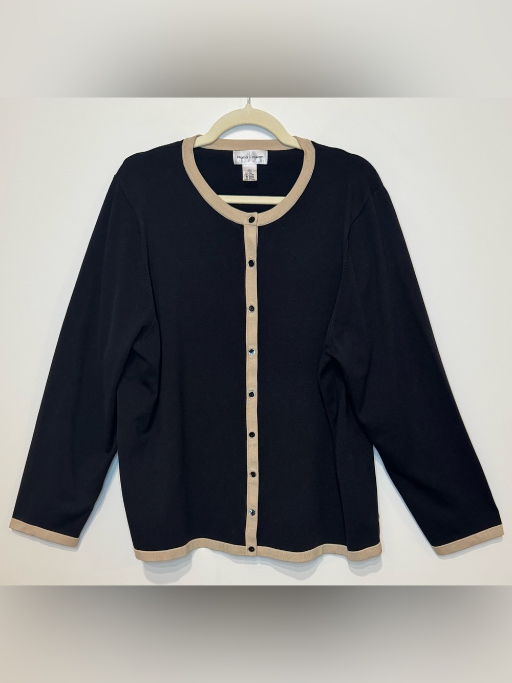 Rena Rowan Black Silk Blend Button-Front Long Sleeve Cardigan Tan Trim Size 2X
